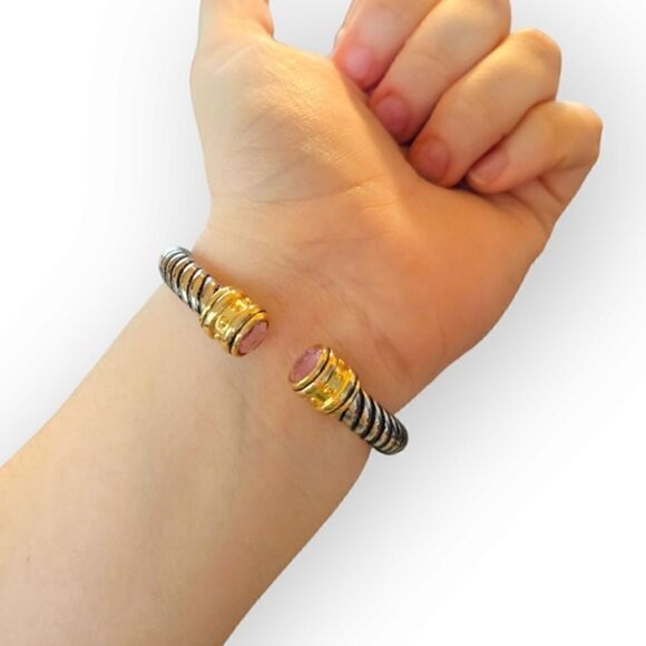 Hinged Classic Cable Cuff Pink Rhinestone End Cap Bracelet - Picture 2 of 8